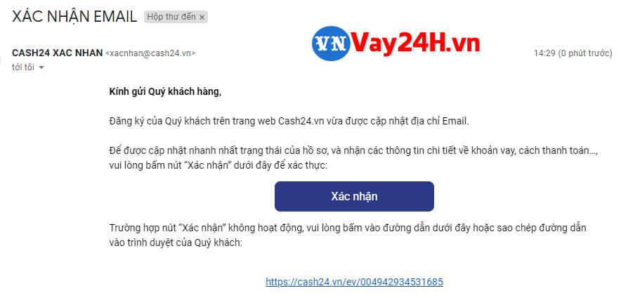 Xác nhận email khoản vay cash24 Xác nhận email khoản vay cash24