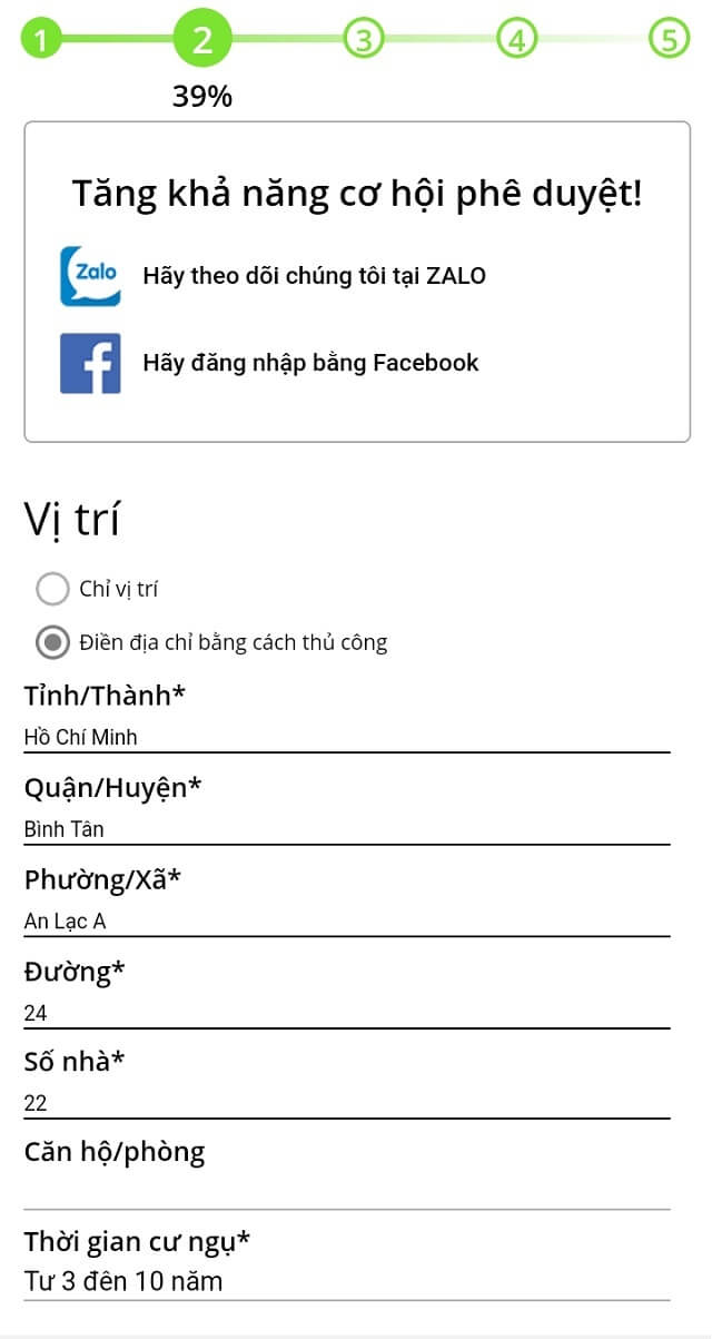 Điền địa chỉ nơi ở